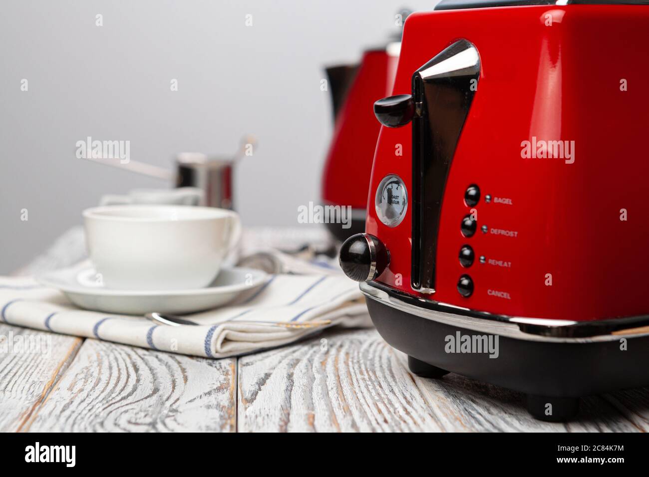 Close Up Of Red Kitchen Appliances On Kitchen Table Stock Photo Alamy