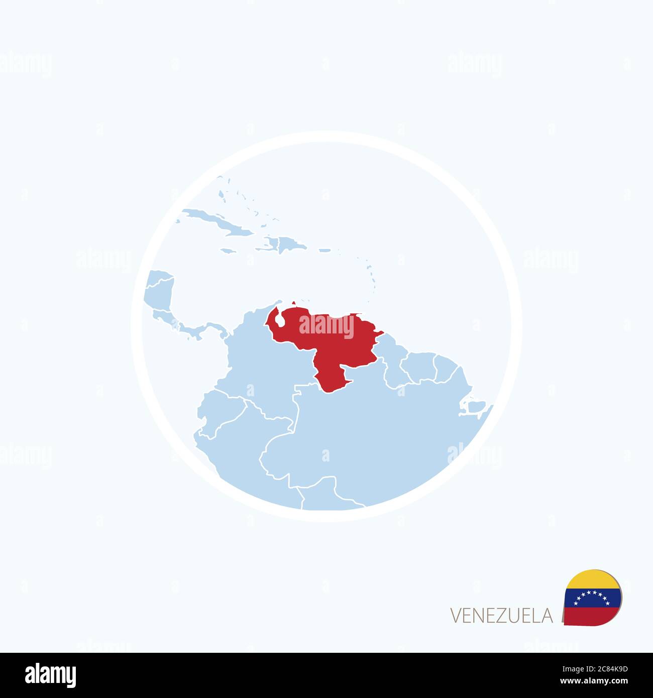 Map icon of Venezuela. Blue map of South America with highlighted Venezuela in red color. Vector Illustration. Stock Vector