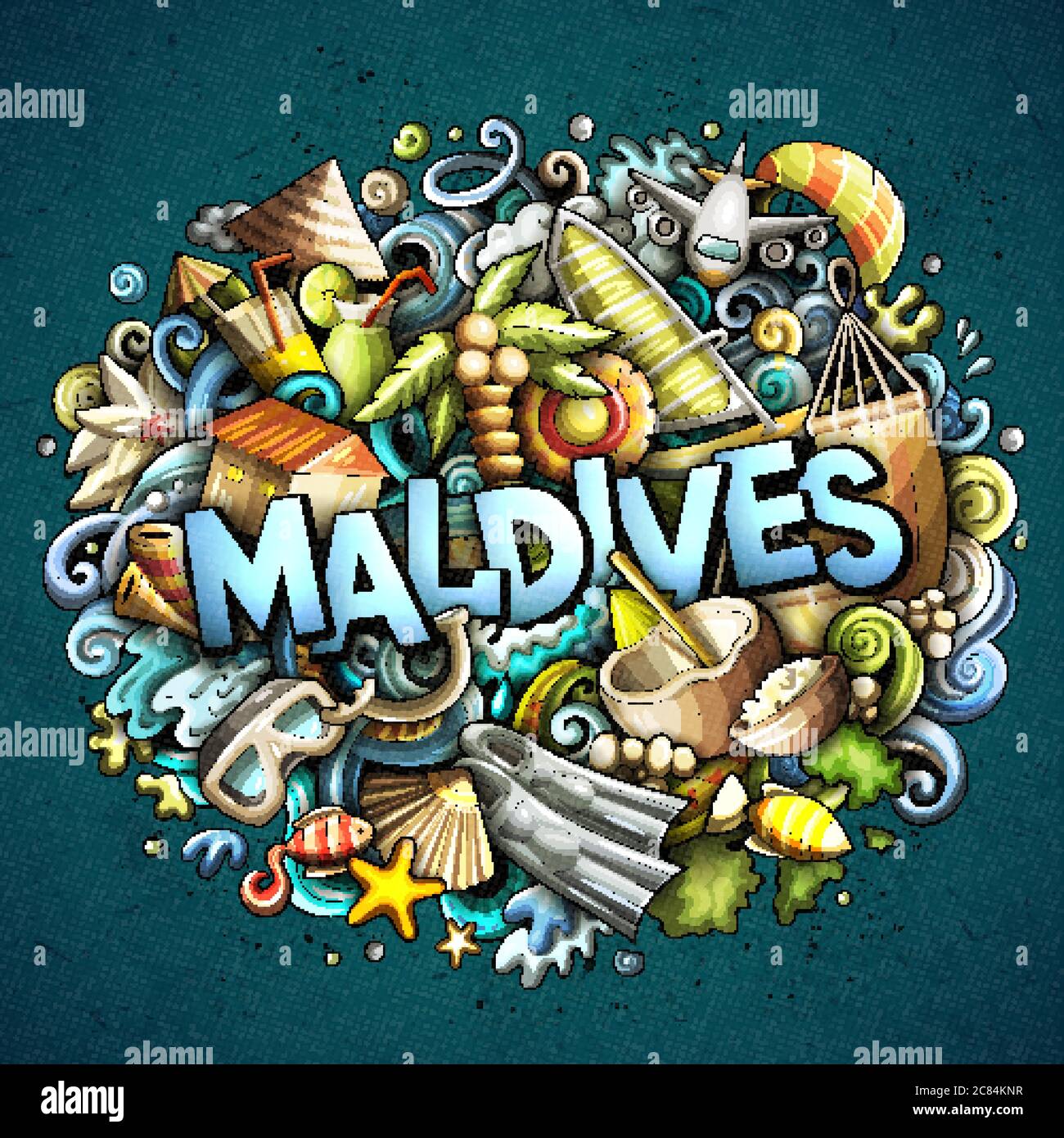 Maldives hand drawn cartoon doodles illustration. Funny travel design. Stock Vector