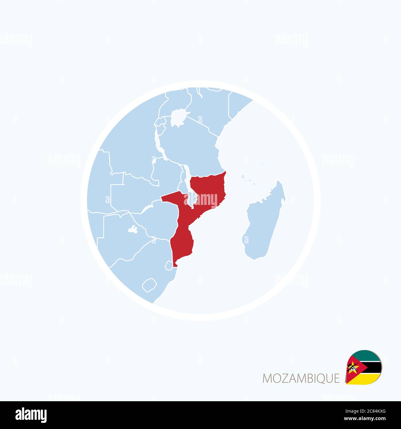 Map icon of Mozambique. Blue map of Africa with highlighted Mozambique in red color. Vector Illustration. Stock Vector