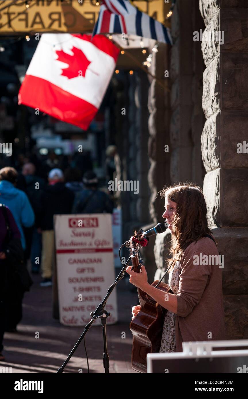 Busker, Water Street, Gastown, Vancouver, British Columbia, Canada. Stock Photo