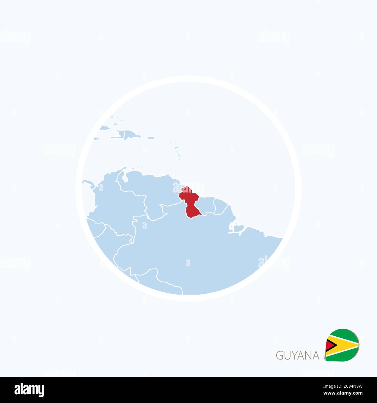 Map icon of Guyana. Blue map of South America with highlighted Guyana in red color. Vector Illustration. Stock Vector