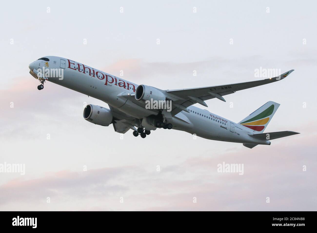 An Ethiopian Airlines Airbus A350-941 departs London Heathrow Airport Stock Photo