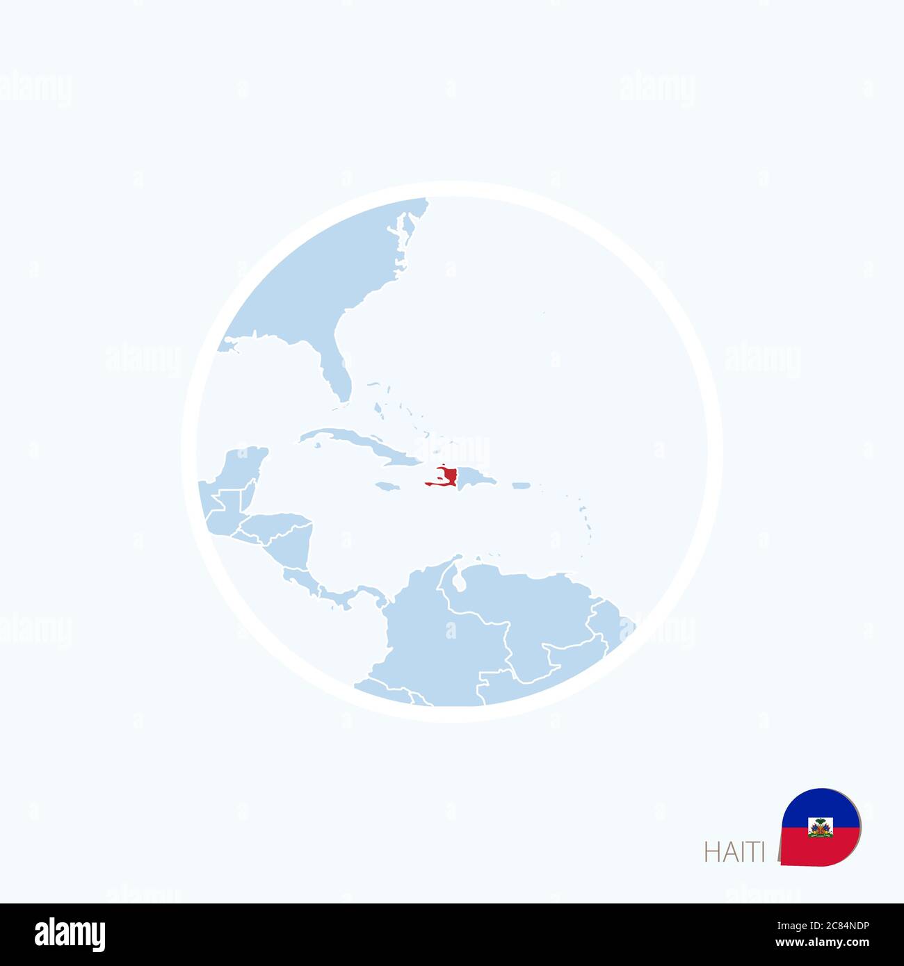 Map icon of Haiti. Blue map of Caribbean with highlighted Haiti in red color. Vector Illustration. Stock Vector