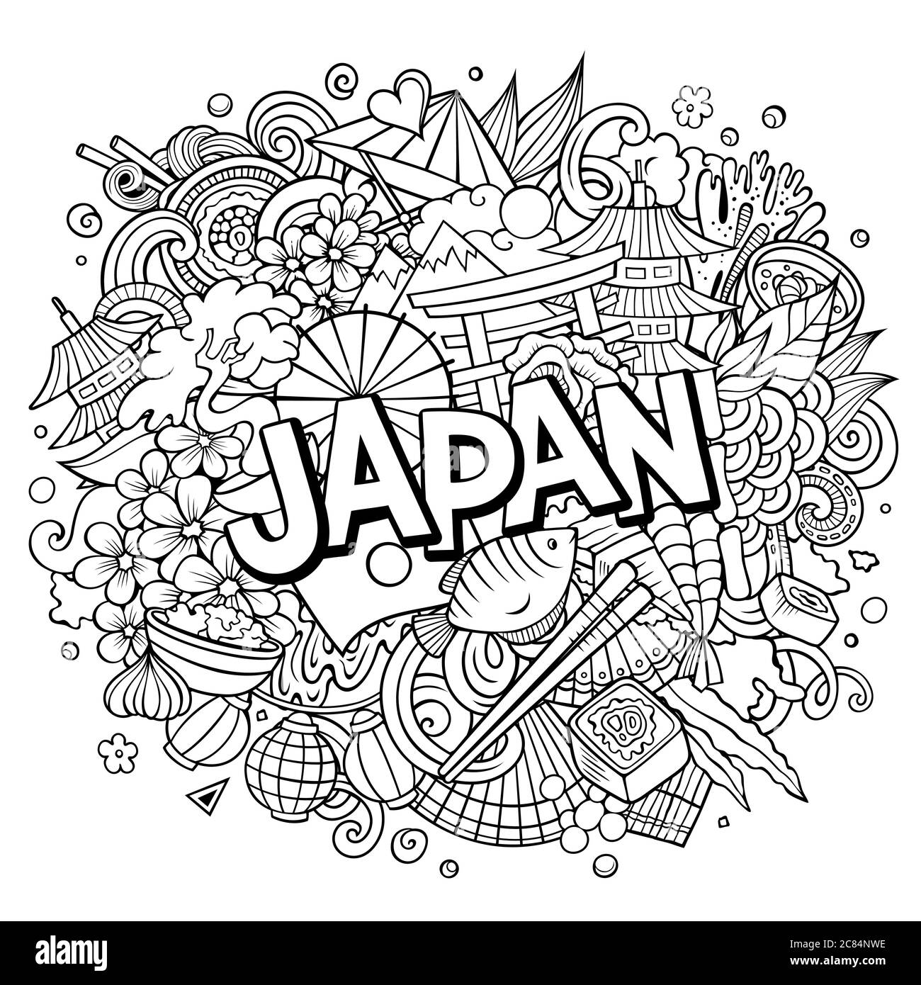 Japan hand drawn cartoon doodles illustration. Funny travel design ...