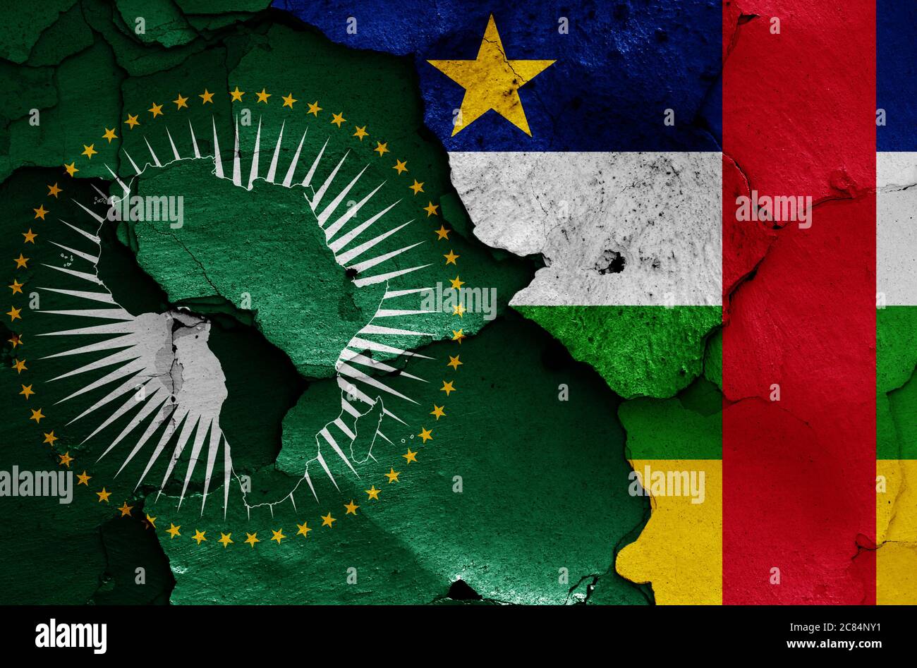 flags of African Union and Central African Republic painted on cracked wall Stock Photo