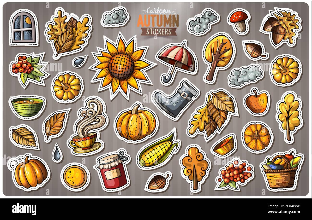 Set of Autumn season cartoon vector stickers Stock Vector Image & Art ...