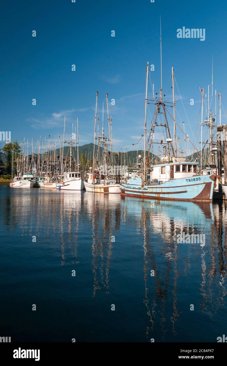 Fishing boats moored in Ucluelet Harbour, Vancouver Island, British Columbia, Canada Stock Photo