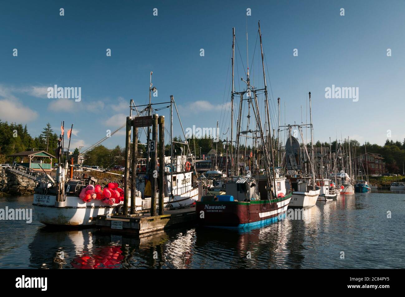 Fishing boats moored in Ucluelet Harbour, Vancouver Island, British Columbia, Canada. Stock Photo