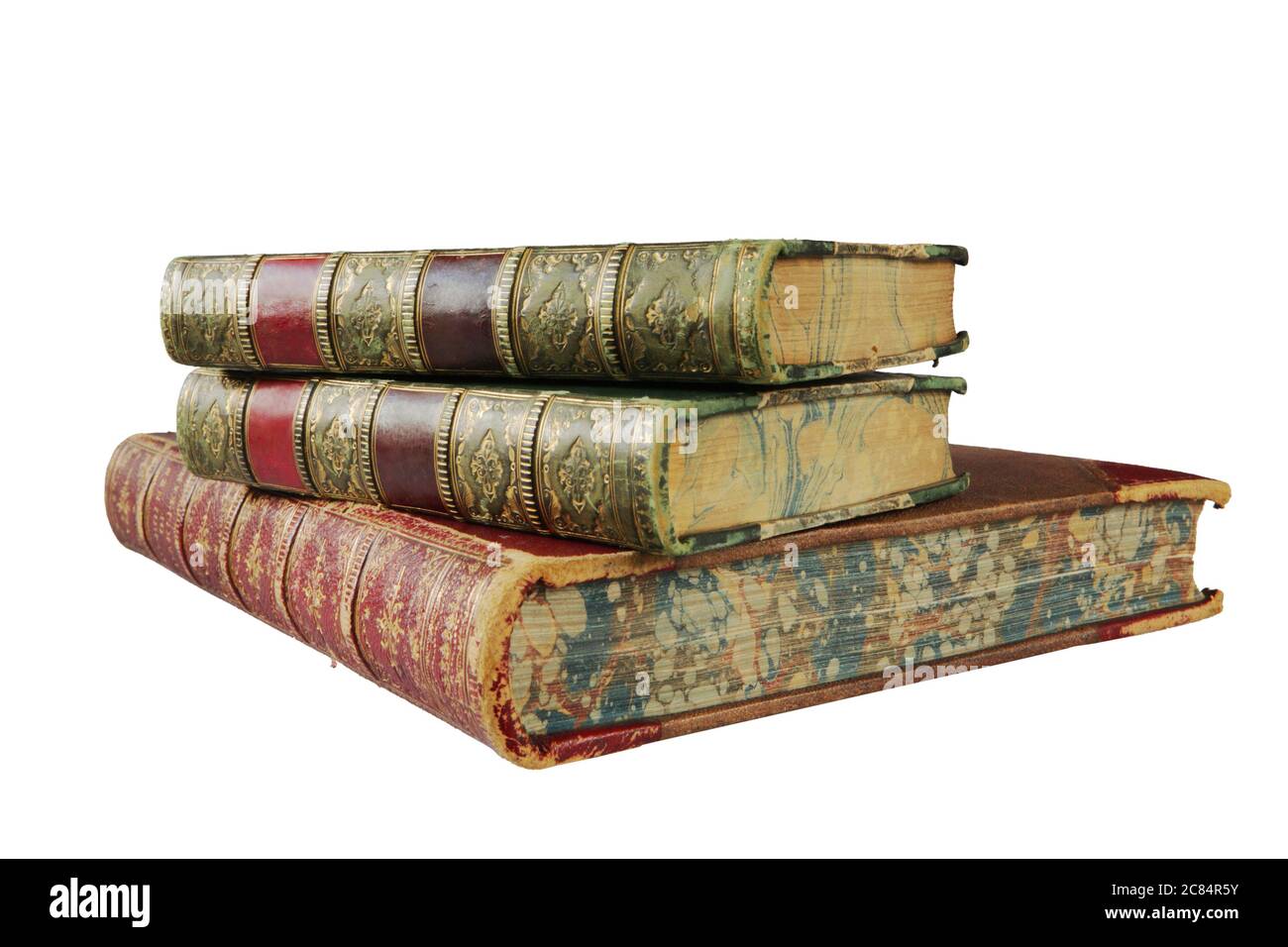 stack of antique books, isolated on white background, free copy space on the spines of the books Stock Photo