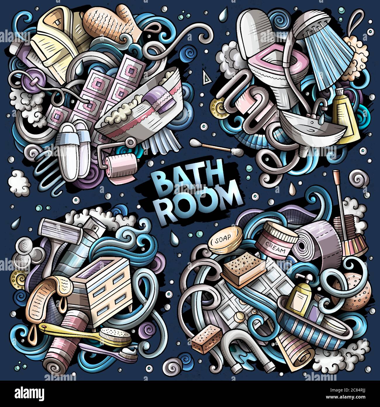 Colorful vector hand drawn doodles cartoon set of Bathroom combinations ...