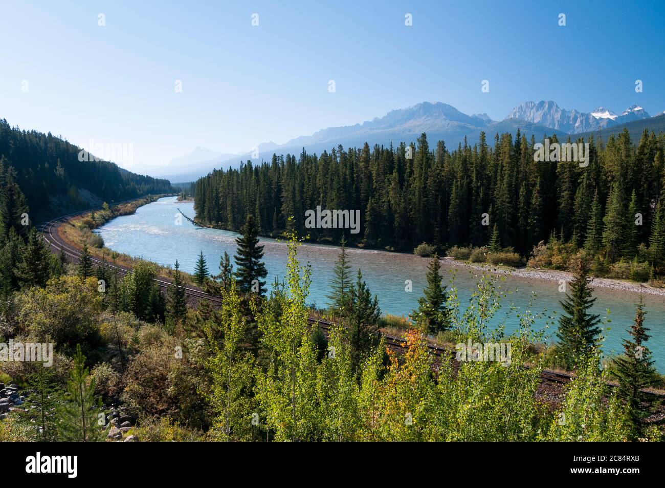 Morant's Curve on the Canadian Pacific Railroad, by the Bow River near Lake Louise, Alberta, Canada. Stock Photo