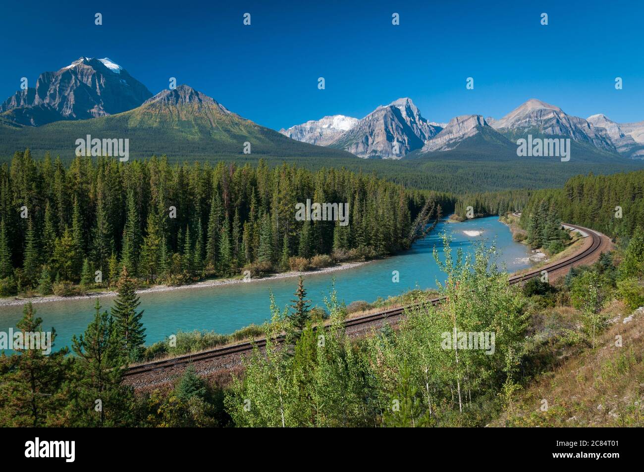 Morant's Curve on the Canadian Pacific Railroad, by the Bow River near Lake Louise, Alberta, Canada. Stock Photo