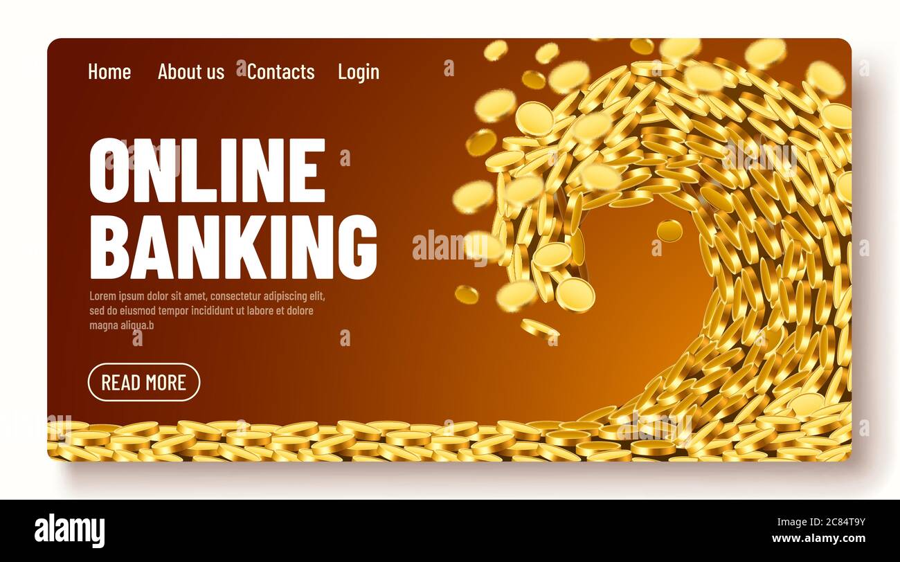 The wave of money. Huge tsunami wave of gold coins. Online banking landing page template or banner. Vector illustration Stock Vector