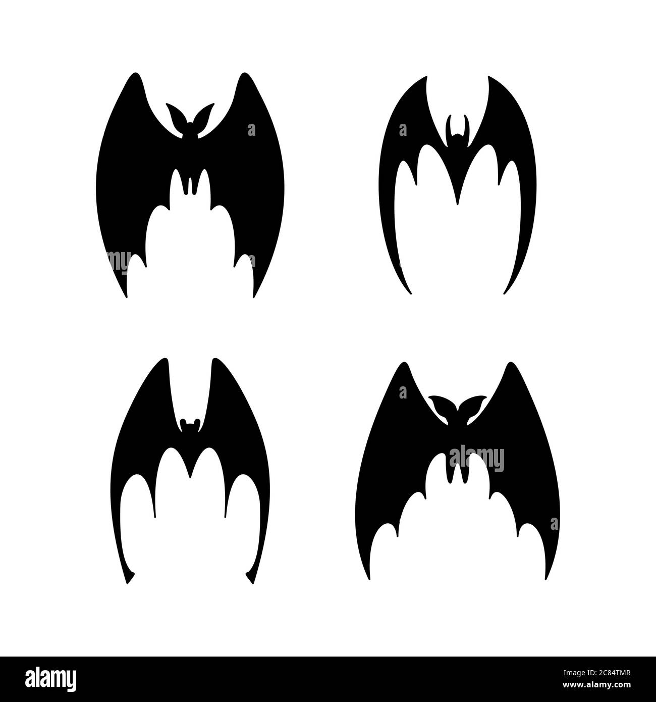 vector illustration of bat in flight. Black flittermouse silhouette. Set of different shapes full face Stock Vector