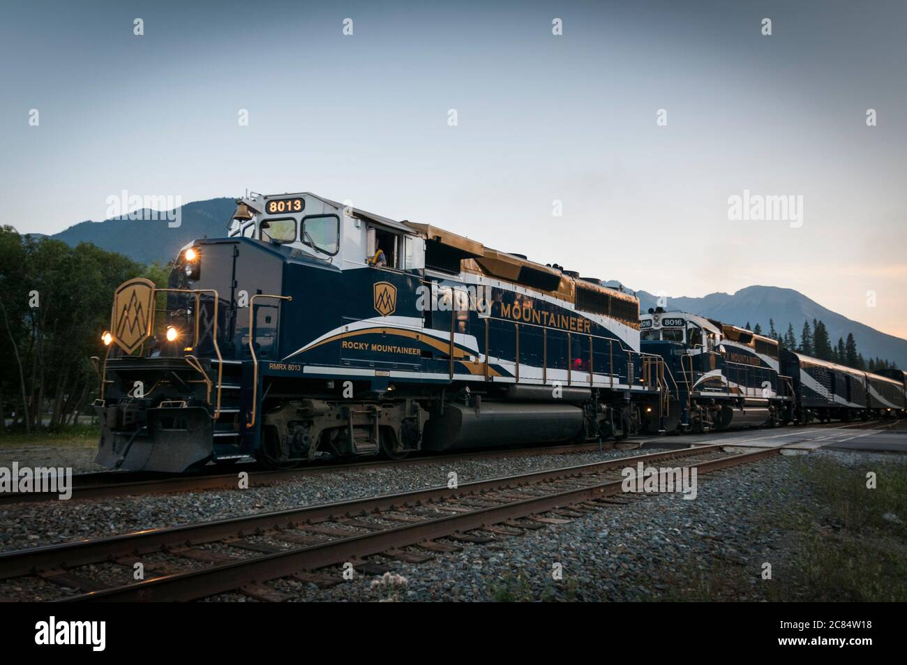 The Rocky Mountaineer train, Banff railroad station, Alberta, Canada. (Telegraph pole removed) Stock Photo