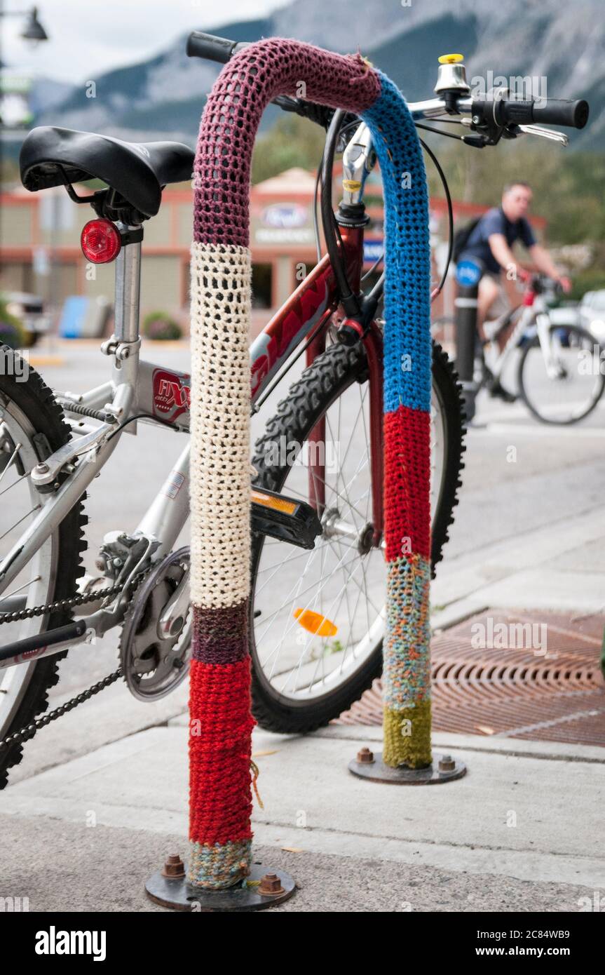Yarn-bombed bike-rack, Canmore, Alberta, Canada. Stock Photo
