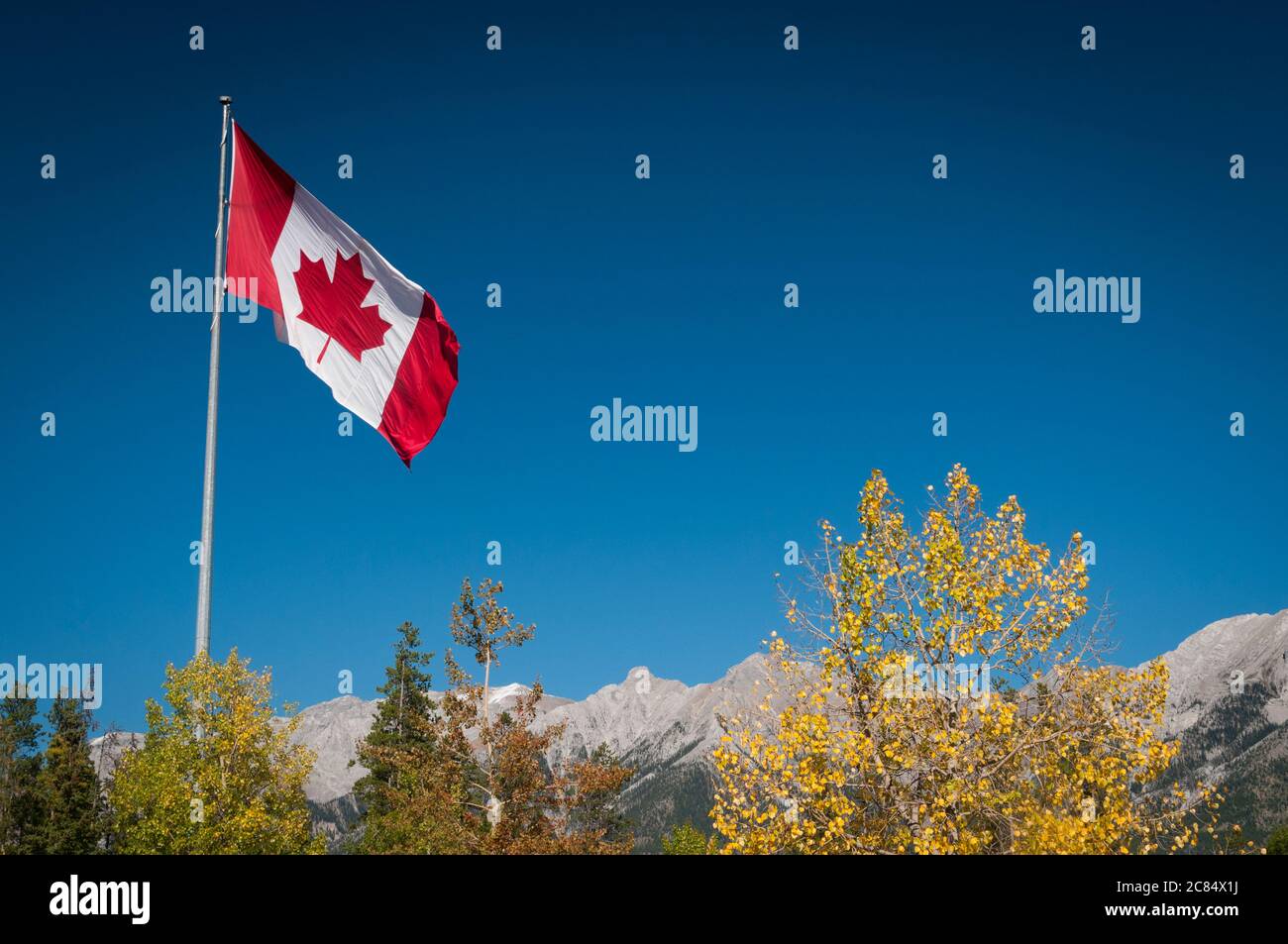 Canadian Maple Leaf flag at the Nordic Centre, Canmore, Alberta, Canada. Stock Photo