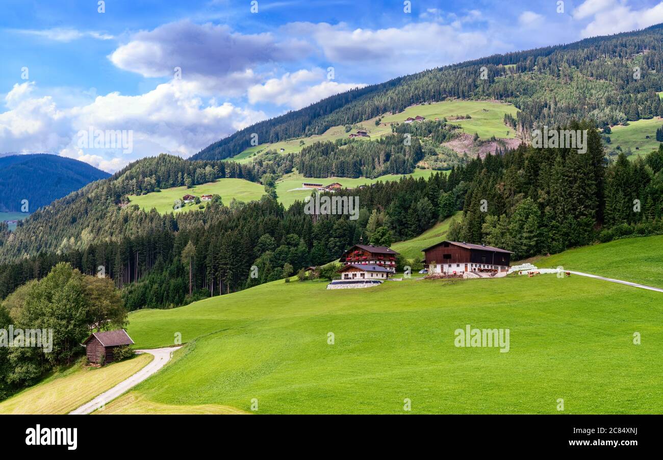 View from the cable car over the Mittersill-Hollersbach and the valley with hills in the background. Stock Photo