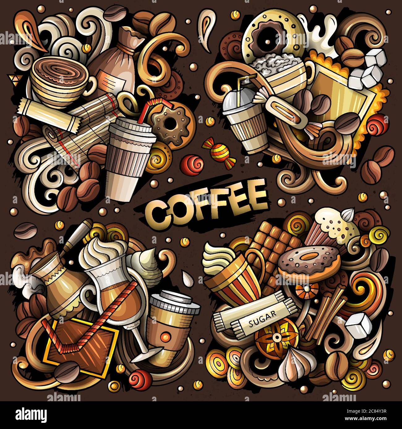 Colorful vector hand drawn doodles cartoon set of Coffee combinations ...
