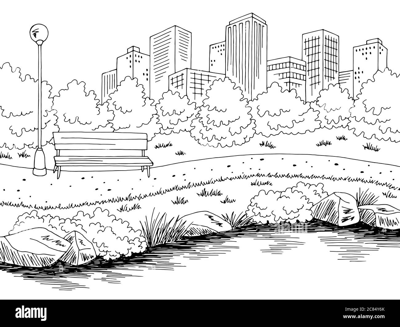 Park river graphic black white city landscape sketch illustration vector Stock Vector