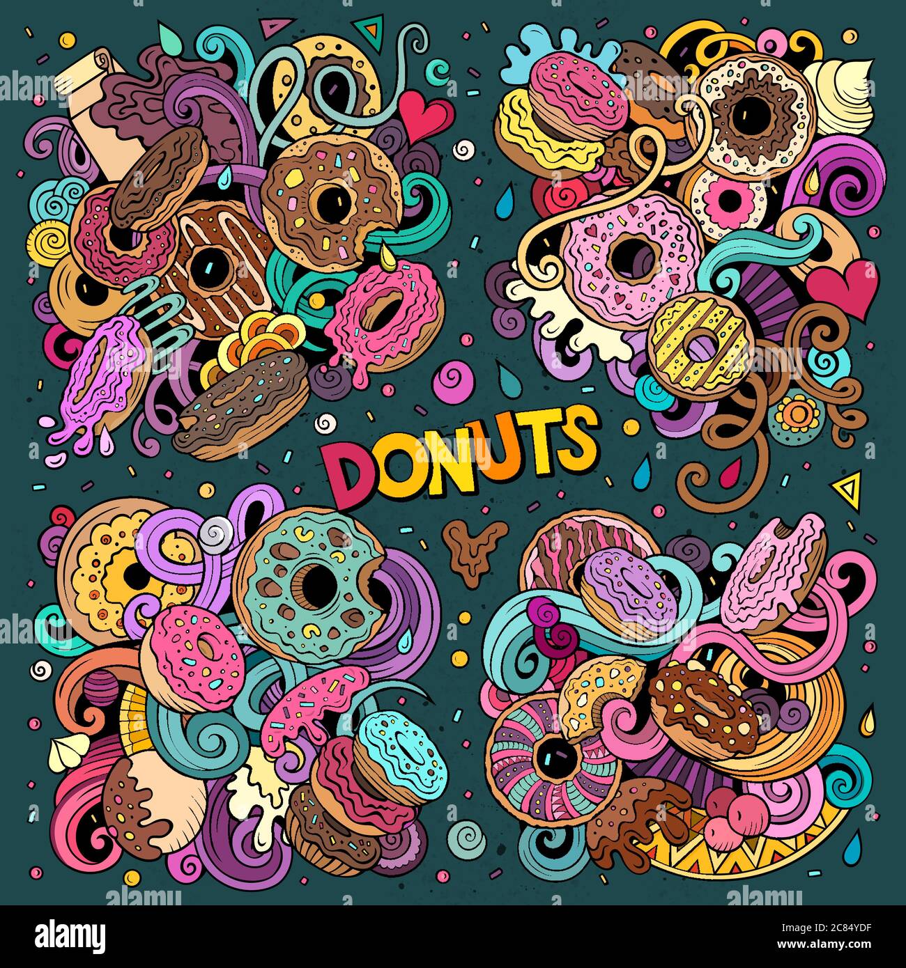 Colorful vector hand drawn doodles cartoon set of Donuts combinations ...