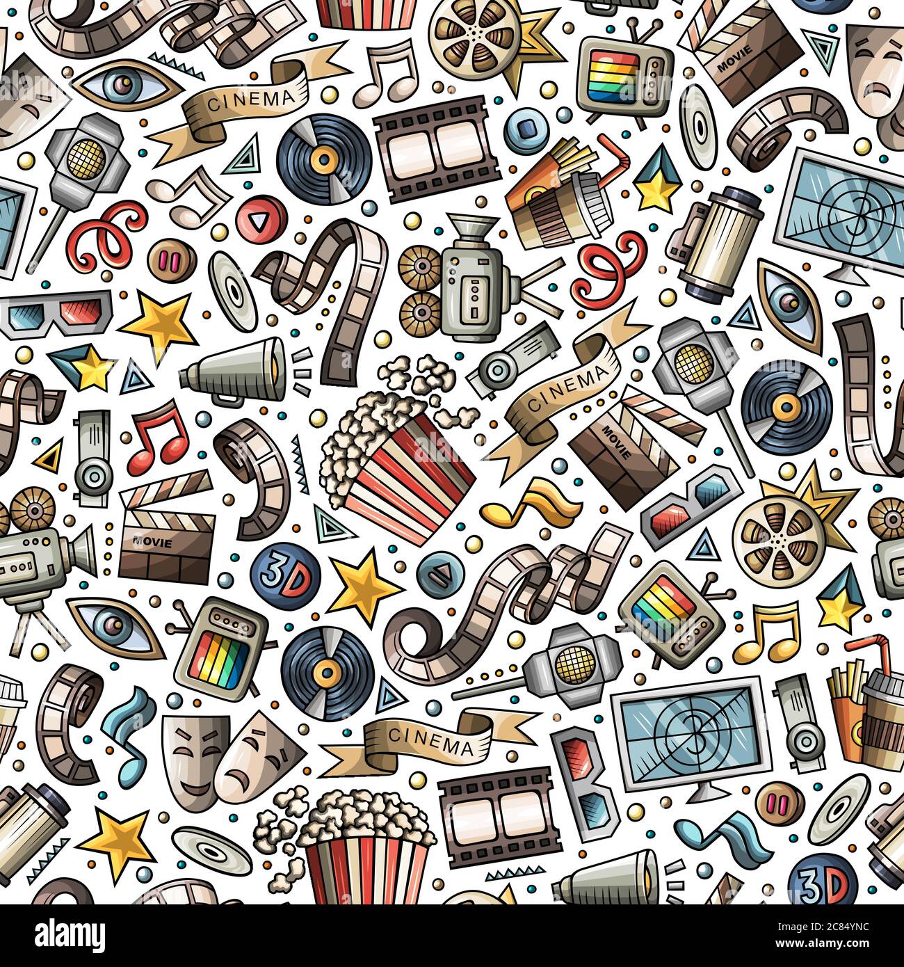 Cartoon cute hand drawn Cinema seamless pattern Stock Vector Image ...
