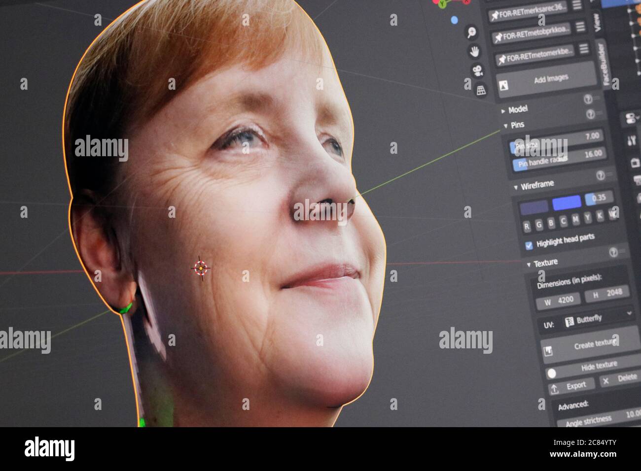 Vermessung eines Portraits von Angela Merkel zur Herstellung eines 3d Modells und Avatars (nur fuer redaktionelle Verwendung. Keine Werbung. Referenzd Stock Photo