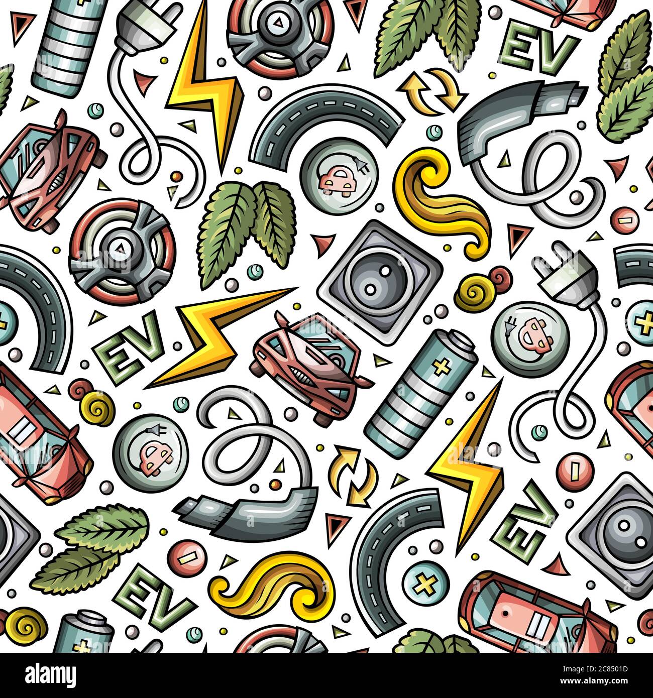 Cartoon cute hand drawn electric cars seamless pattern Stock Vector ...