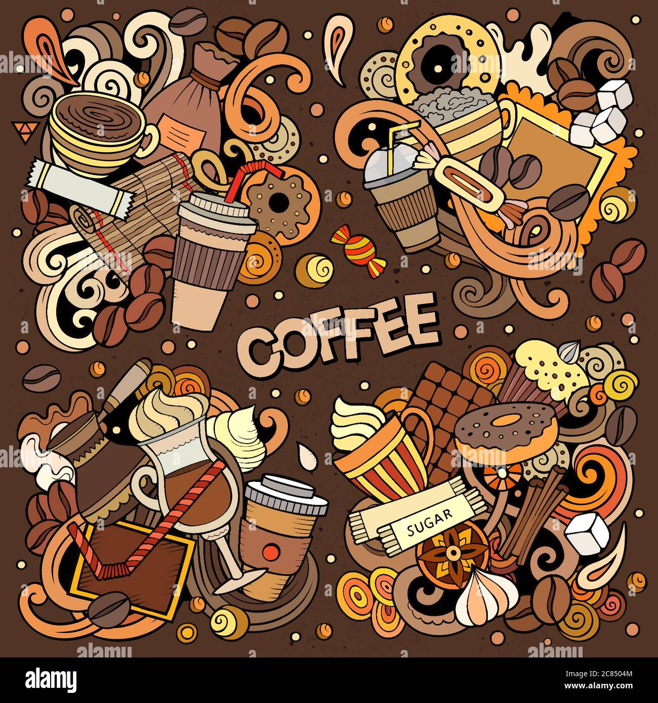Colorful vector hand drawn doodles cartoon set of Coffee combinations ...