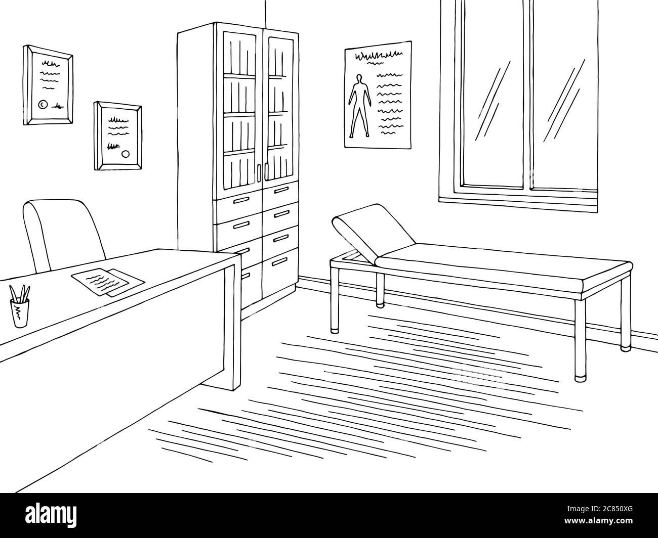 Doctor office graphic black white interior sketch illustration vector Stock Vector Image & Art