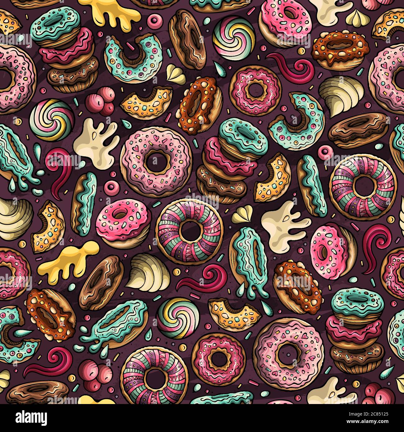 Cartoon hand-drawn donuts seamless pattern. Perfect funny vector ...