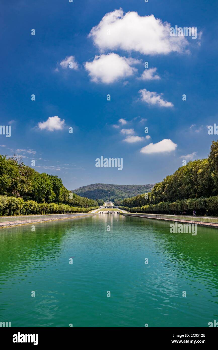 July 3, 2020 - Royal Palace of (Reggia di) Caserta - The huge and very long basin of the park's artificial lake. The perspective view, towards the wat Stock Photo
