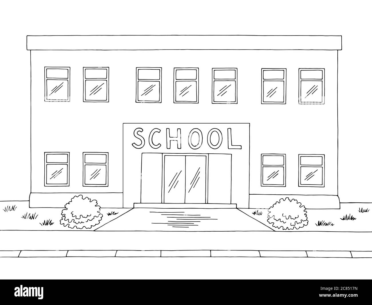 School building front view exterior graphic black white sketch illustration vector Stock Vector