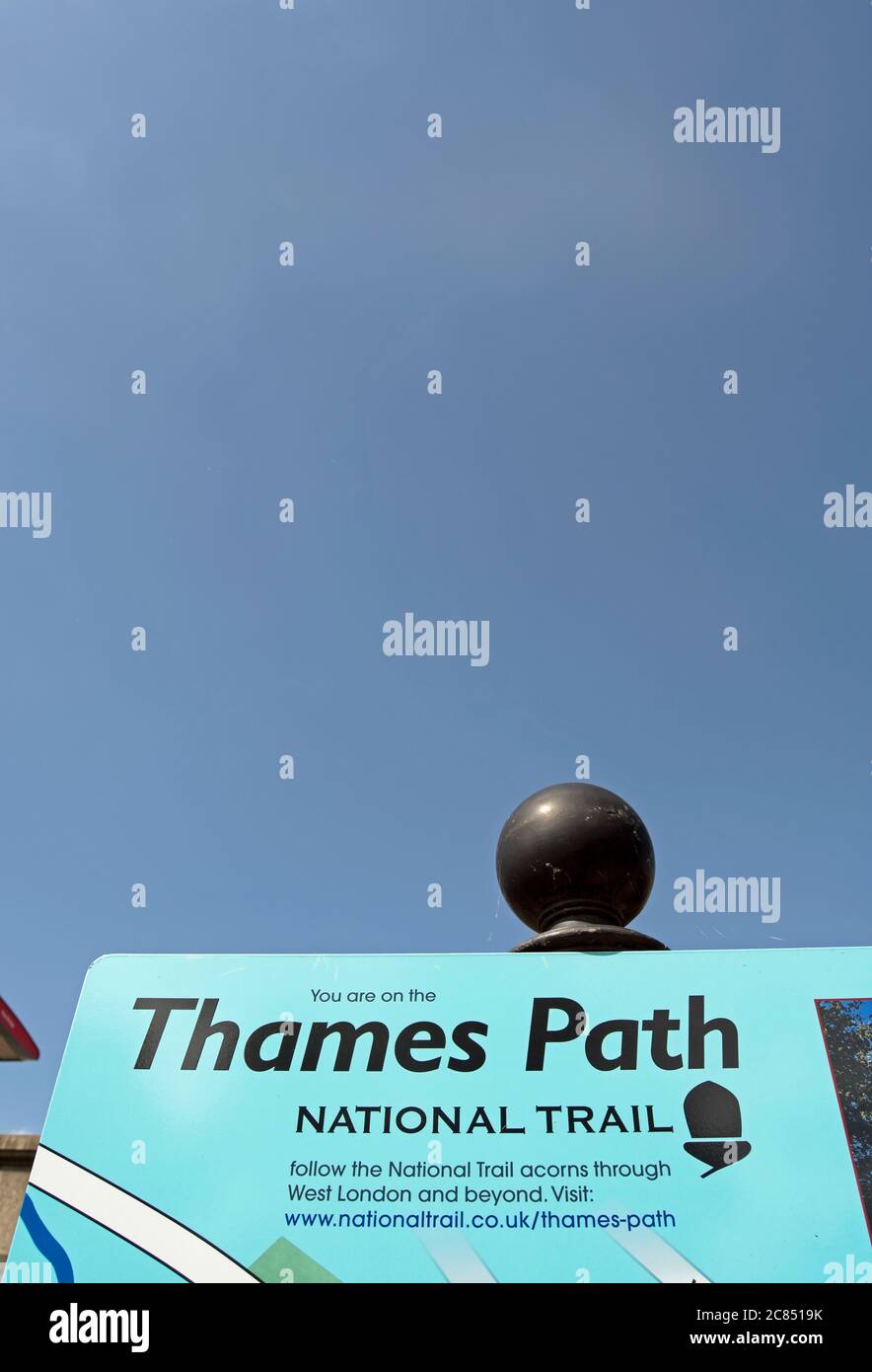 section of a welcome board and map showing the thames path national trail and points of local interest in brentford and kew, west london, england Stock Photo
