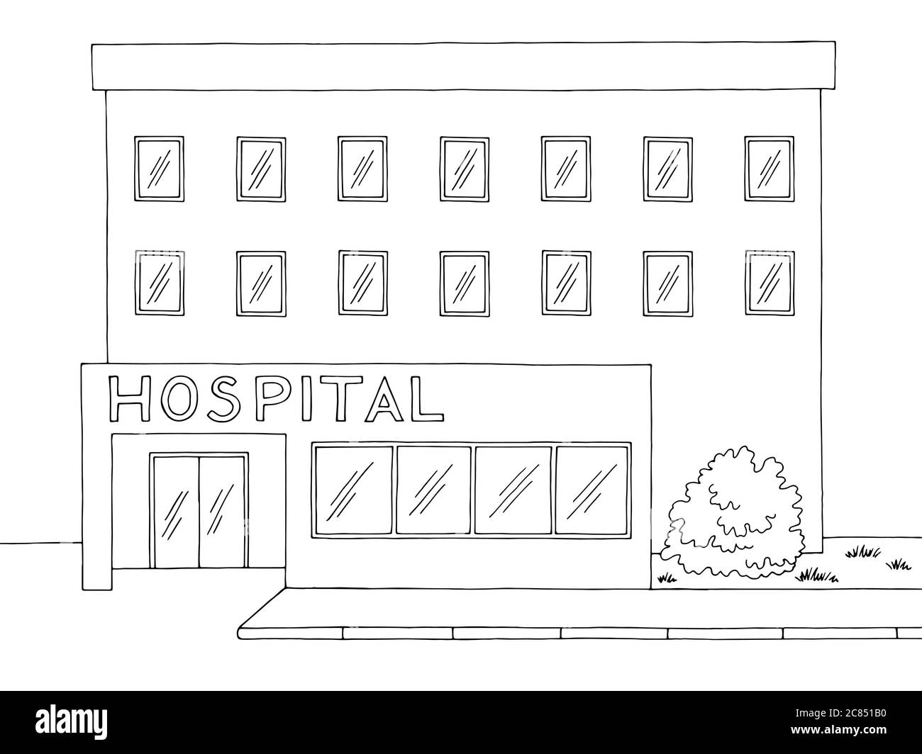 Hospital building front view graphic black white sketch illustration vector Stock Vector