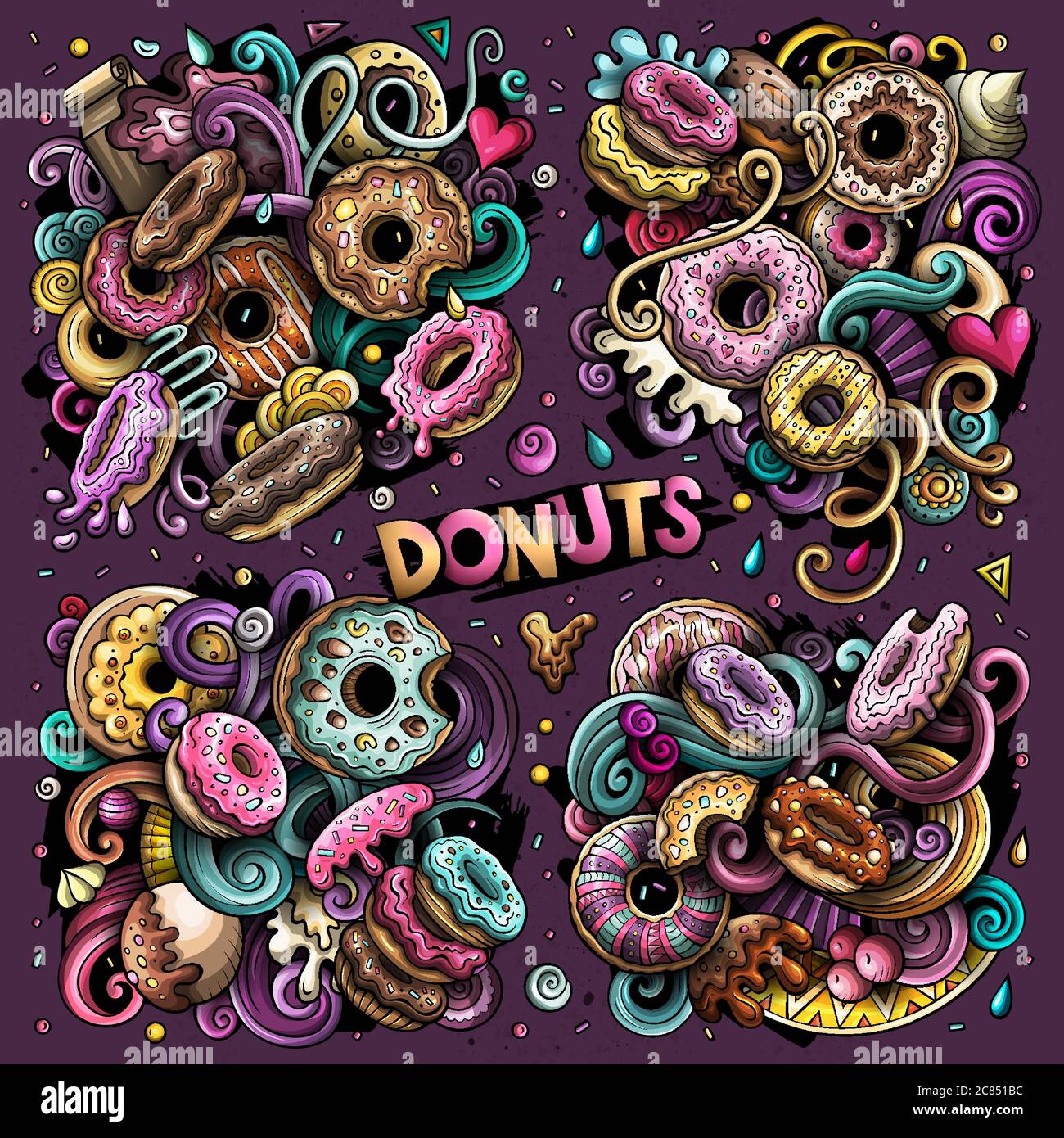 Colorful vector hand drawn doodles cartoon set of Donuts combinations ...