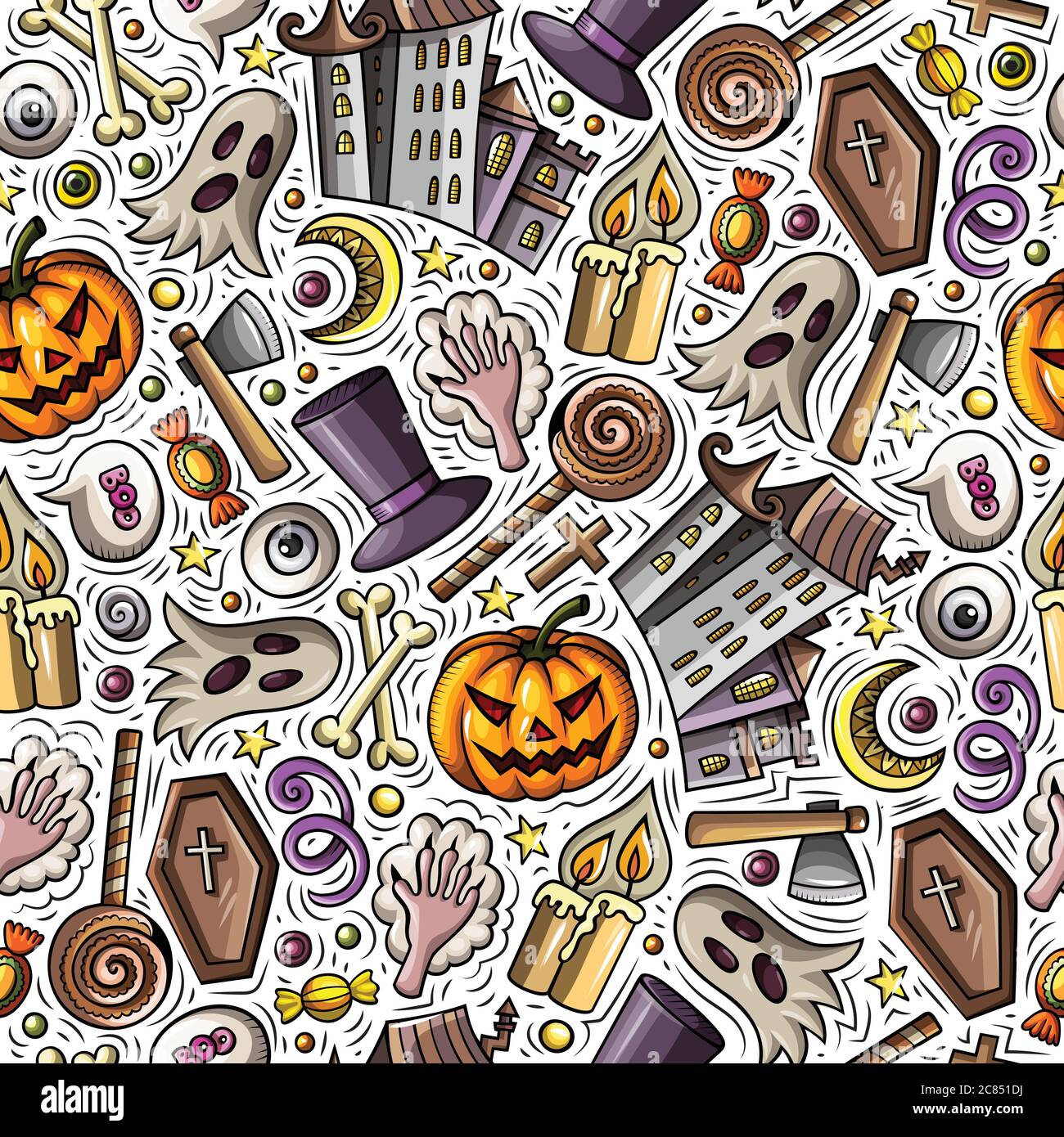 Cartoon cute hand drawn Halloween seamless pattern Stock Vector Image ...