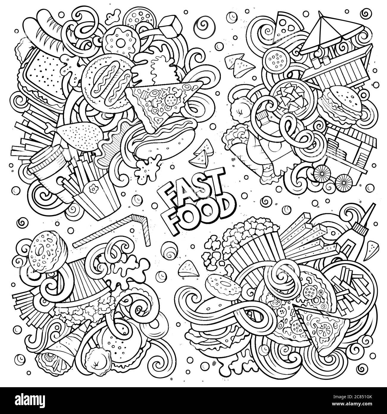 Line art vector doodles cartoon set of Fastfood combinations of objects ...
