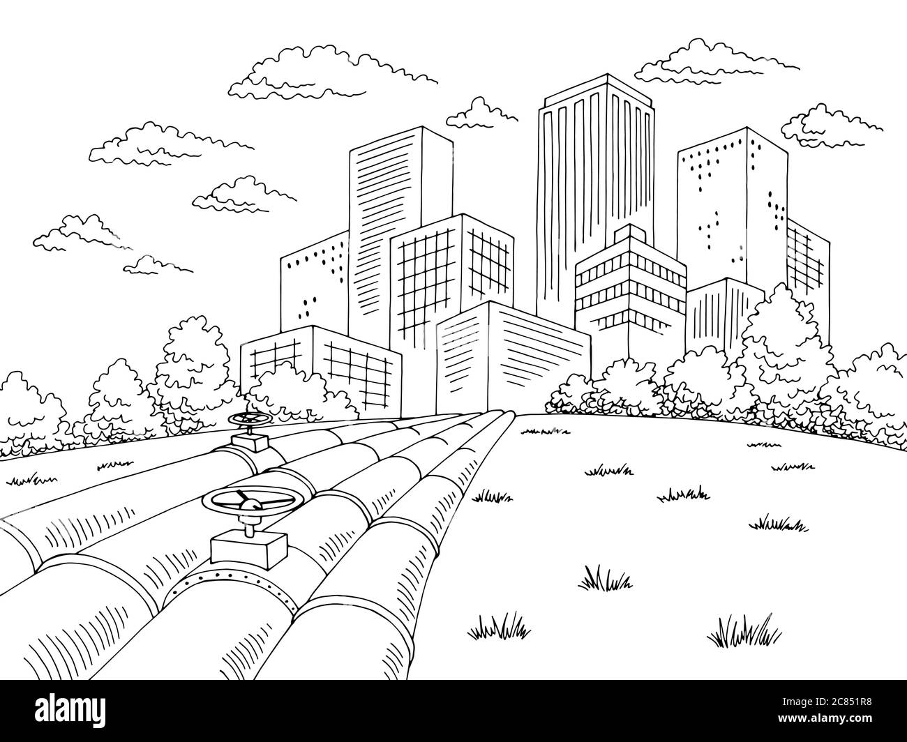 City pipes graphic black white cityscape skyline sketch illustration vector Stock Vector