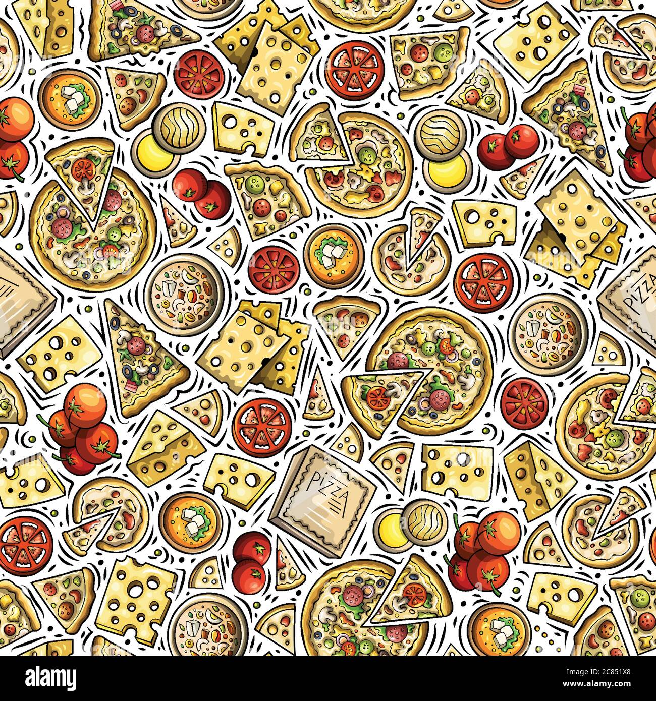 Cartoon cute hand drawn Pizza seamless pattern. Stock Vector