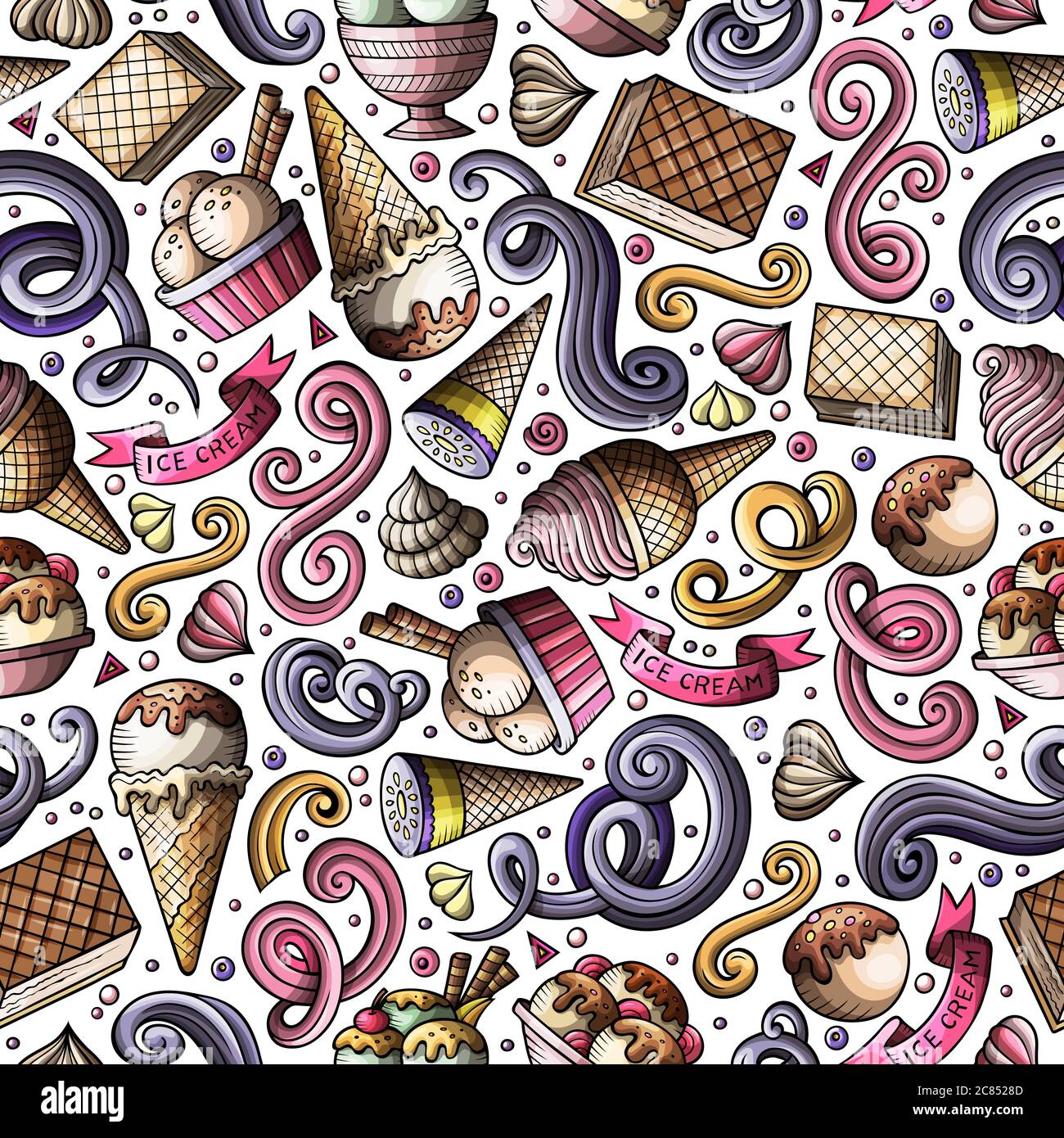 Cartoon hand-drawn ice cream doodles seamless pattern Stock Vector ...