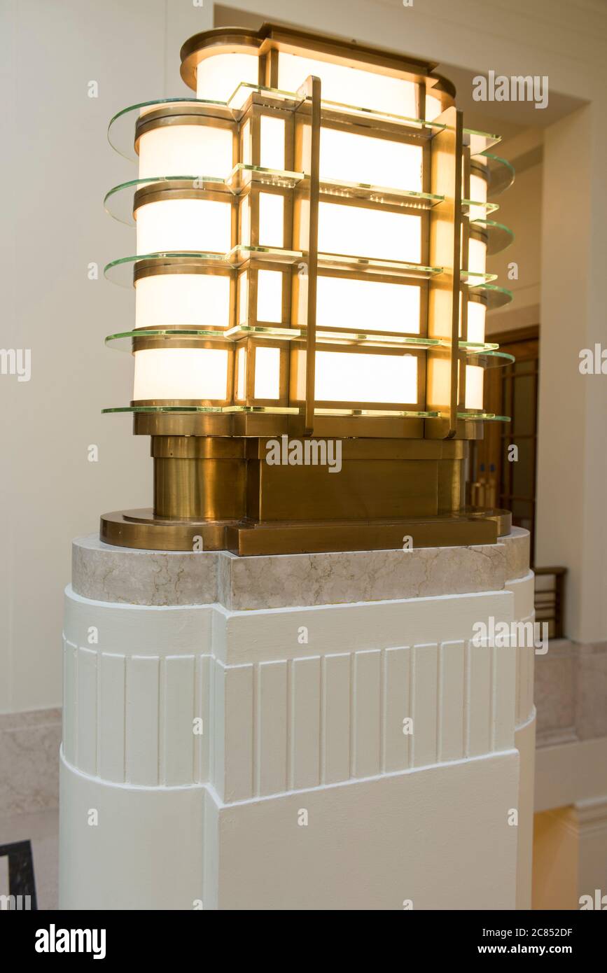 Detail of art deco lamp standards. Hackney Town Hall, London, United