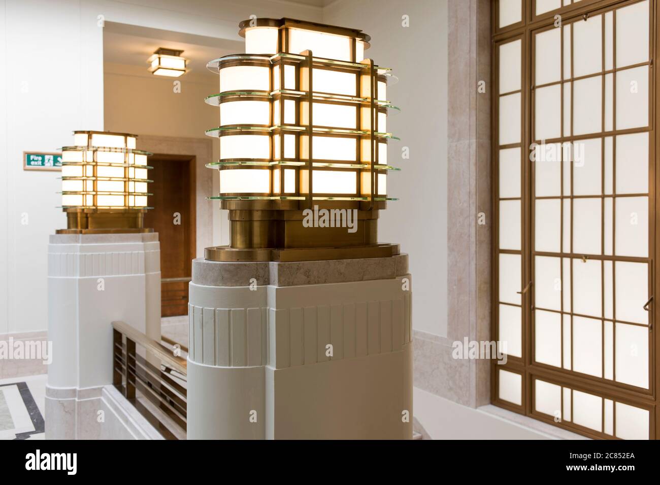 Detail of art deco lamp standards. Hackney Town Hall, London, United