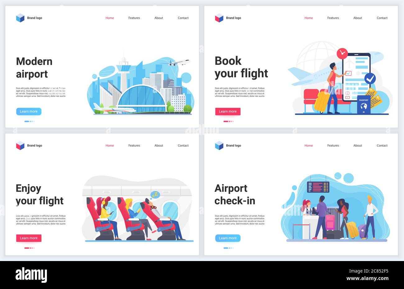 Traveling by plane vector illustrations. Cartoon flat design template banner set, mobile website interface with traveler tourist people enjoy travels, book airline tickets, check departure in airport Stock Vector