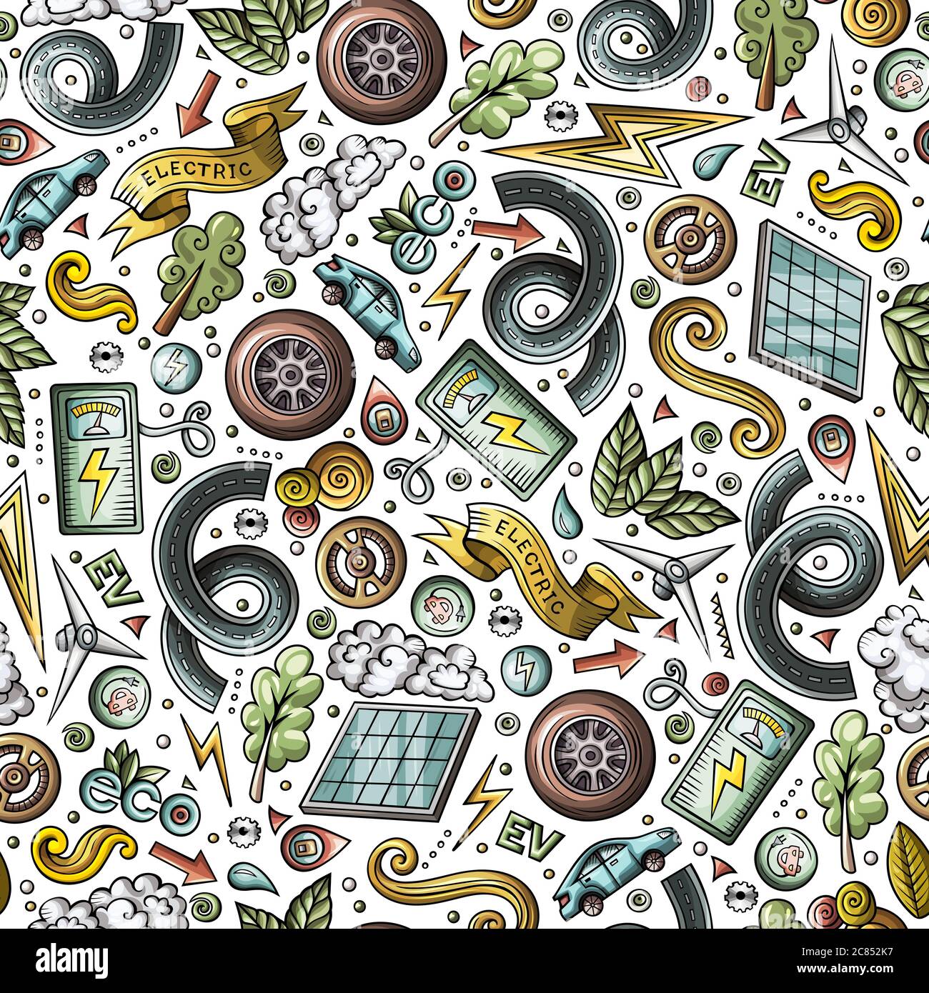 Cartoon cute hand drawn electric cars seamless pattern Stock Vector ...