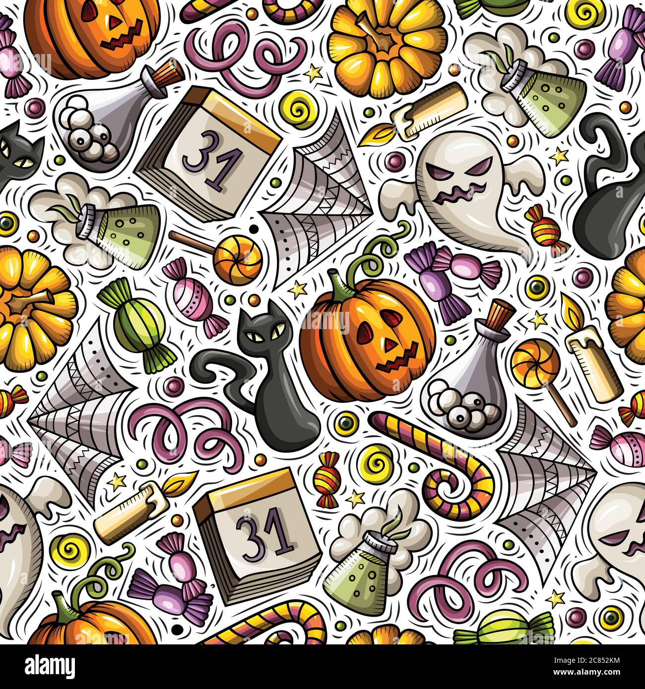 Cartoon cute hand drawn Halloween seamless pattern Stock Vector Image ...
