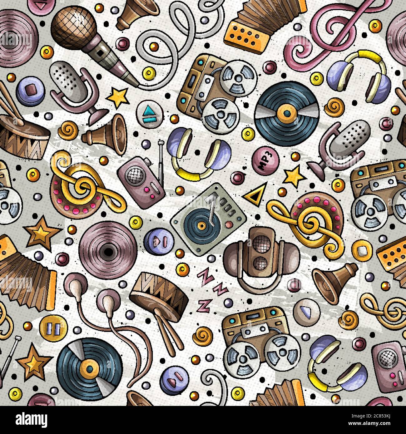 Cartoon hand-drawn musical instruments seamless pattern Stock Vector