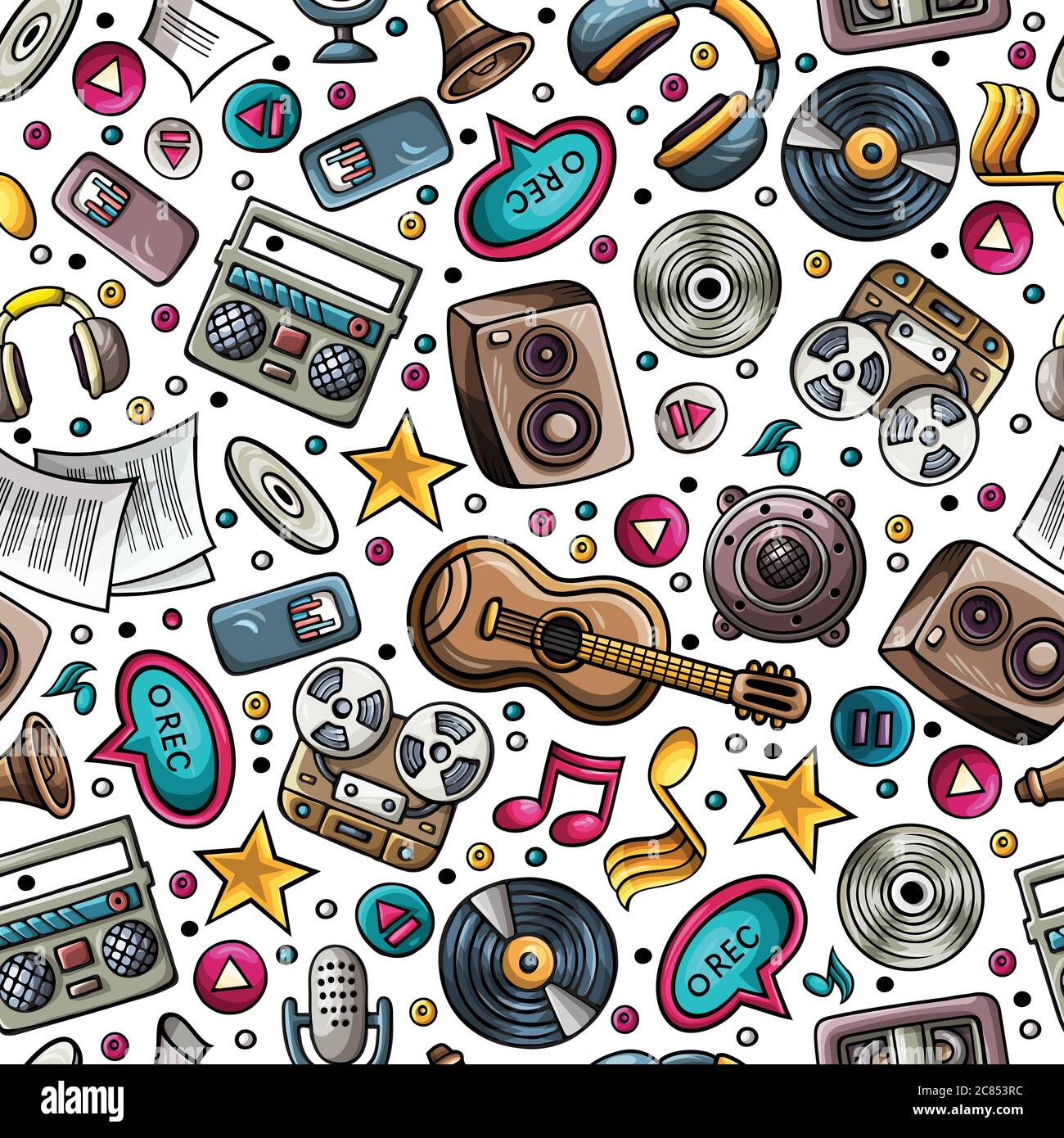 Cartoon hand-drawn musical instruments seamless pattern Stock Vector ...