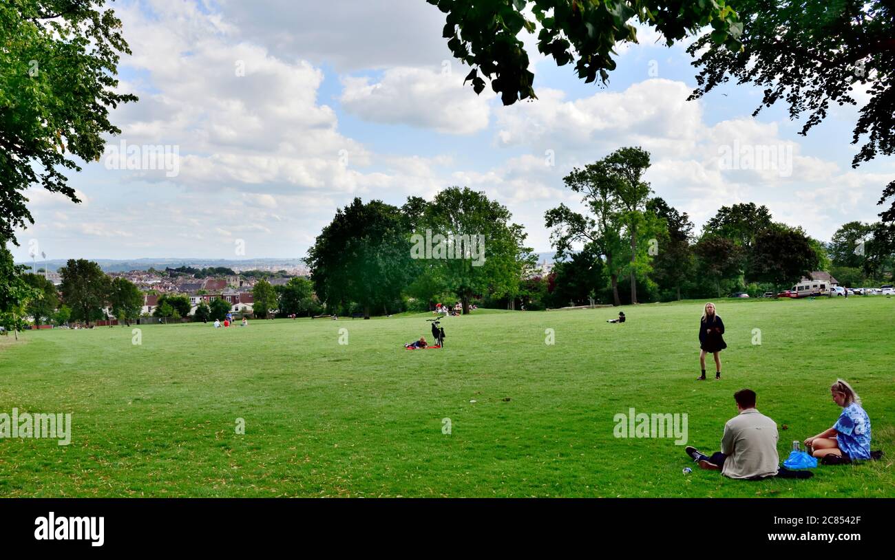 Horfield Common overlooking city of Bristol on summer day with people enjoying the outdoors Stock Photo